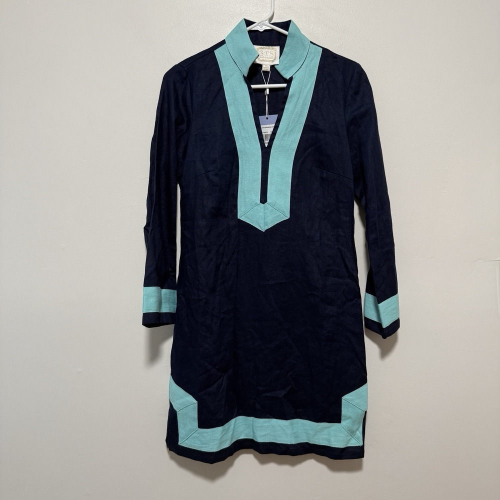 Sail to Sable NWT Linen Long Sleeve Tunic Dress in Navy with Turquoise Trim XS